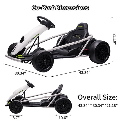 24V Go Kart for Kids 8-12, 300W*2 Motors, 9Ah Battery, 8MPH Speed, Music, Horn, 175lbs Max Load – White