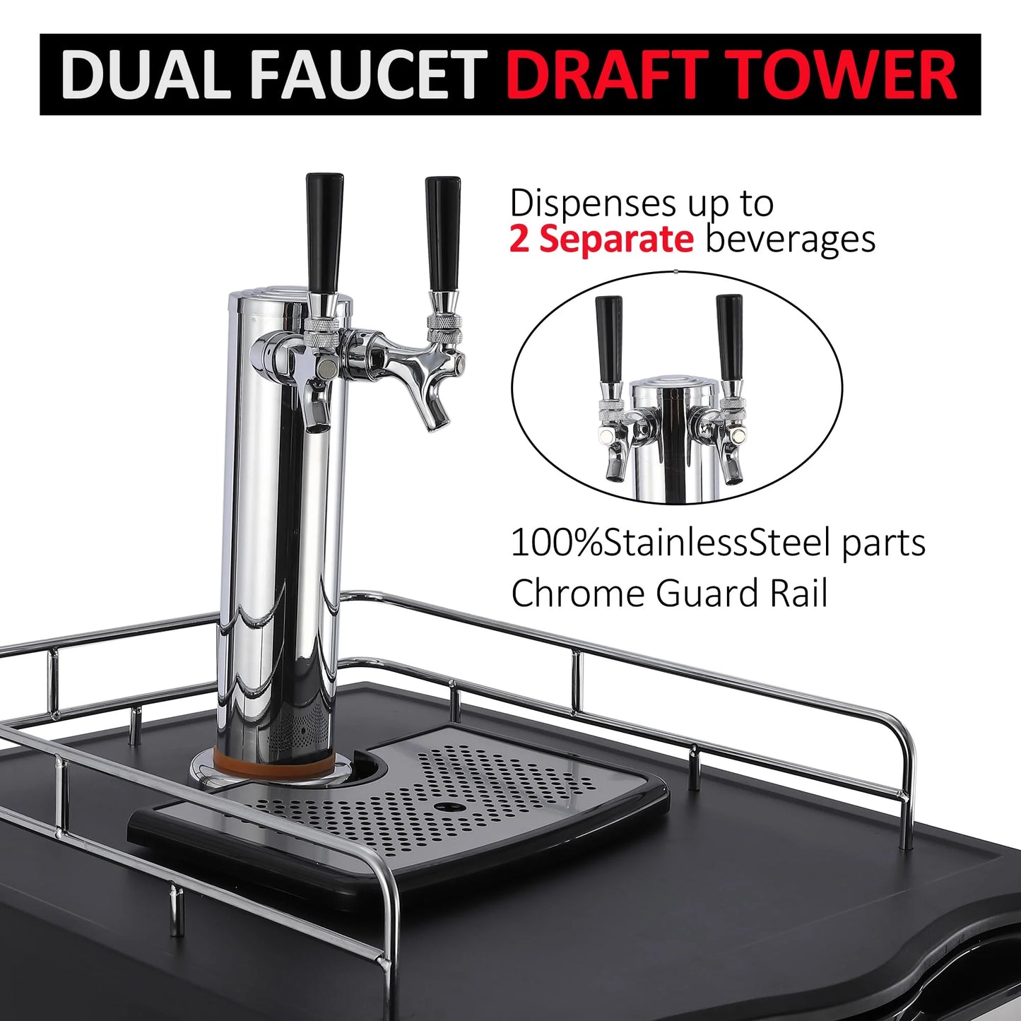 Beer Kegerator, Dual Tap Draft Beer Dispenser, Full Size Stainless Steel Keg Refrigerator With Drip Tray, CO2 Cylinder, 32°F- 50°F Temperature Control, 170L