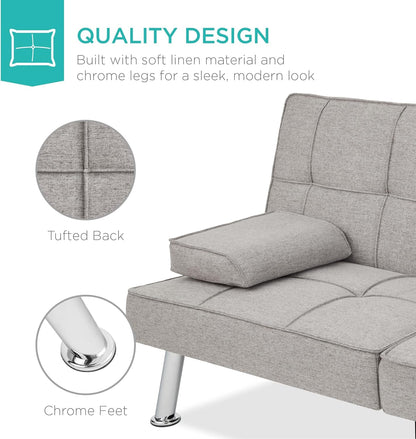 Best Choice Products Linen Upholstered Modern Convertible Folding Futon Sofa Bed for Compact Living Space, Apartment, Dorm, Bonus Room w/Removable Armrests, Metal Legs, 2 Cupholders - Gray