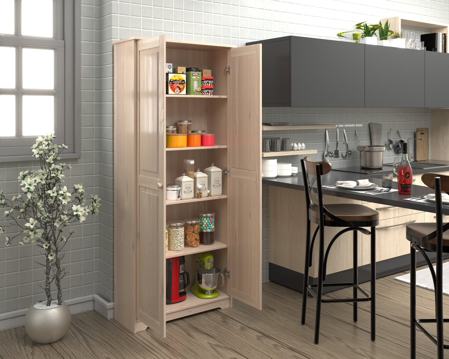 Solid Wood Pantry Storage Cabinet, Freestanding Kitchen Cupboard, Closet with Shelves