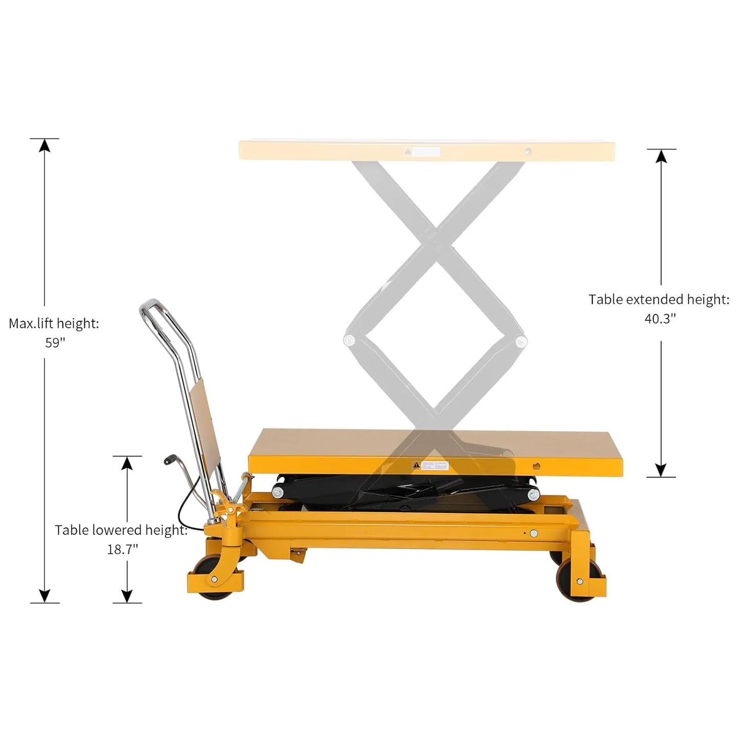 Hydraulic Lift Table Cart 770 lbs Capacity, 51" Max Height, Double Scissor Lift with Safety Guard & 4 Wheels